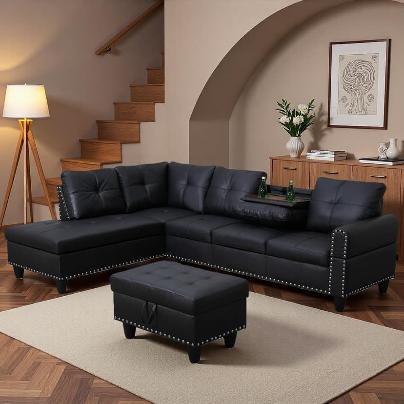 Topcomfy 97.5" L Shaped Couch Set, Modular Sectional Couches for Living Room with Storage Ottoman, 4 Seat Home Sofa Living Room Furniture Sets with Chaise for Apartment Office (Leather, Black)