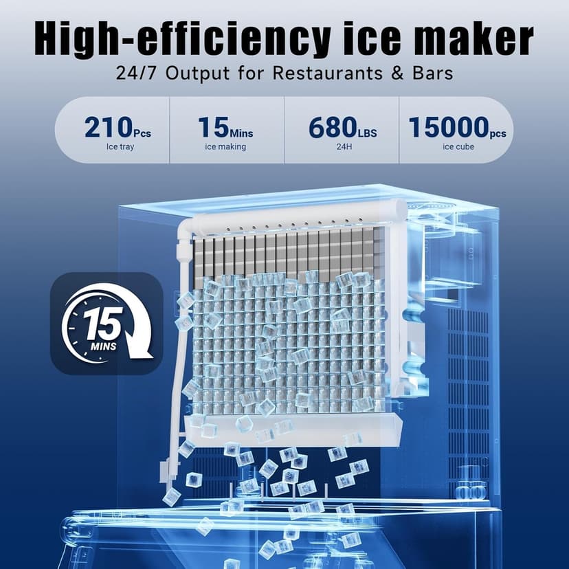Commercial Ice Maker, 680Lbs/24H Industrial Ice Machine 580Lbs Large Storage Bin, 210 Ice Cubes in 5-15 Minutes, Auto-Cleaning Stainless Ice Maker, Ice Ready in 8-15mins, Cafe/Bar/Business