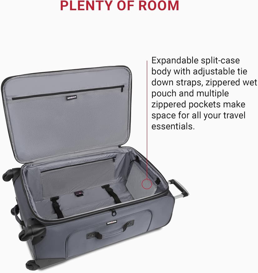 SwissGear Sion Softside Expandable Luggage – Large Checked Suitcase with 360 Degree Wheels & Retractable Handle – 29 Inch, Perfect for 7-9 Night Trips – Dark Gray