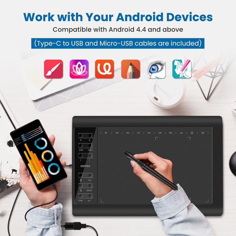 XOPPOX Graphics Drawing Tablet, 10×6 Inch Large Active Area with Battery-Free Stylus, 8192 Levels of Pen Pressure and 12 Hot Keys, Compatible with PC/Mac/Android for Painting, Design & Online Teaching