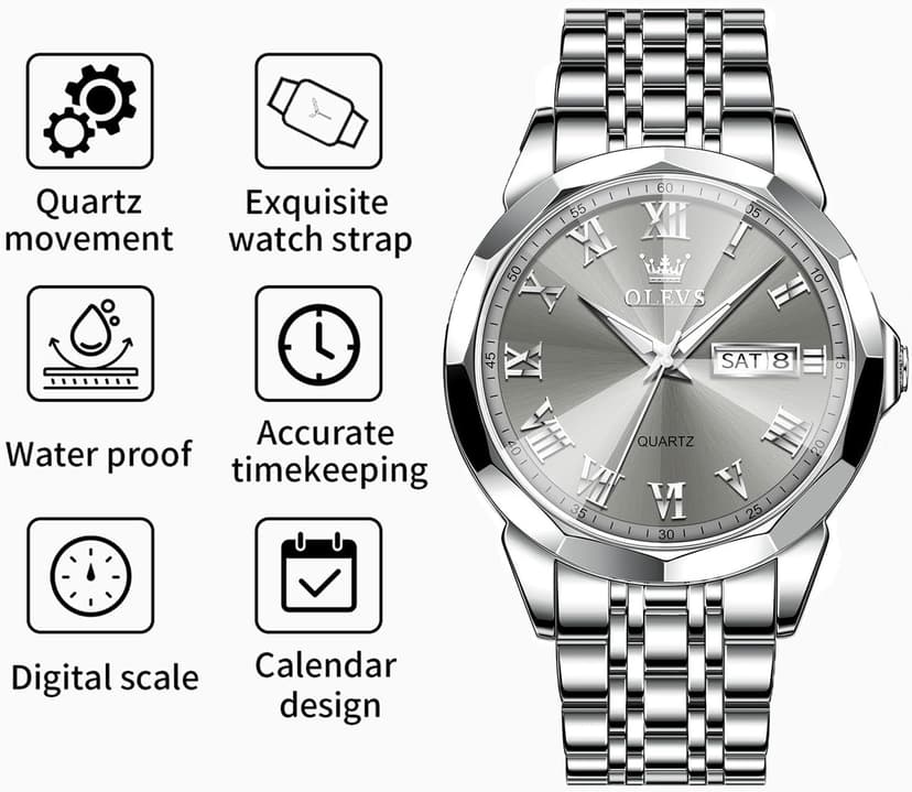 OLEVS Mens Silver Watches Luxury Waterproof Silver Watch for Men Analog Quartz Stainless Steel Men's Dress Watches Classic Casual Wrist Watch Large Face with Date Relojes para Hombres
