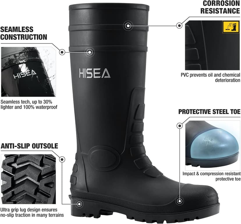 HISEA Men's Steel Toe Rain Boots PVC Rubber Boots, Waterproof Garden Fishing Outdoor Work Boots, Durable Slip Resistant Knee Boots for Agriculture and Industrial Working