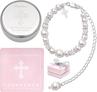 Baptism Bracelet in Sterling Silver and Cultured Pearls for Baby Girls, with Silver-plated Jewelry Keepsake Box, Great Catholic Christening and Baptism Gifts for Girl