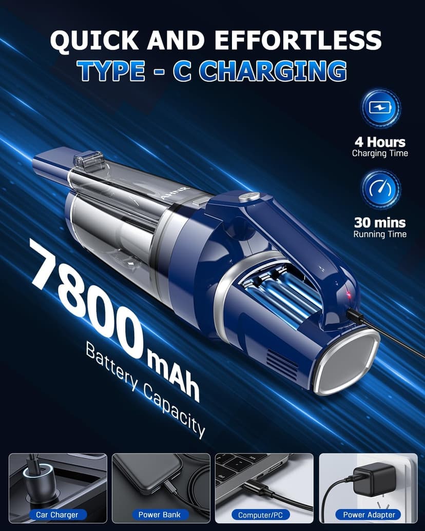 AHNR Handheld Vacuum Cordless, 16000PA Powerful Suction Hand Held Vacuum Dust Busters Cordless Rechargeable with LED Light & 2 HEPA Filters, Portable Car Vacuum Cleaner High Power for Car Home Office