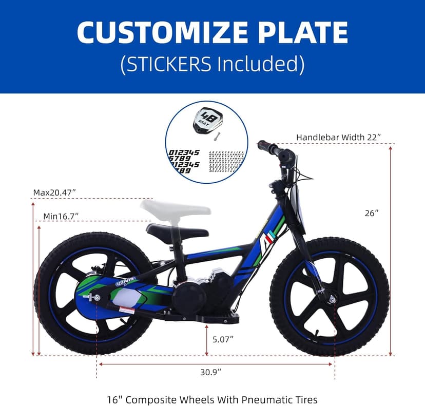 AIII Lightweight Electric Dirt Bike for Kids, 170/340W Electric Motorcycle Up to 10/12MPH, 24V Detachable Battery, Hand-Operated Dual Brakes Electric Balance Bike for Ages 3-6/5-12