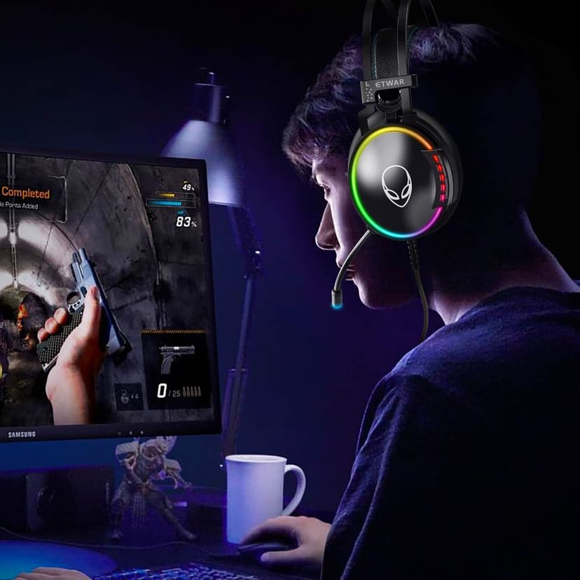 ETWAR EG100 USB Wired Gaming Headset for PC, 7.1 Surround Sound,Computer Headphones with Microphone/Mic Noise Cancelling, Video Gaming, RGB Flowing Light - for PS4, PS5,Laptop