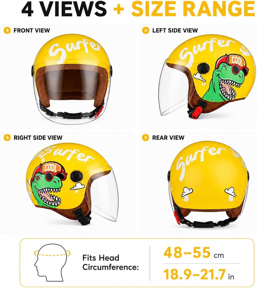 Kids Motorcycle Helmet, Jet Helmet with Visor, Scooter & Bike ATV, Quick-Release Buckle, Removable & Washable, 48-55cm