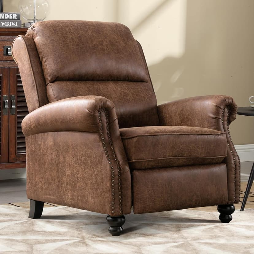 IOMOR Push Back Recliner Chair Faux Leather Lounge Armchair with Rivet Decoration Wingback Single Sofa Chair with Padded Seat Solid Wood Legs for Living Room, Chocolate
