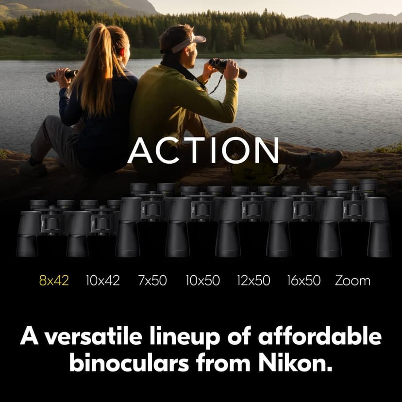 Nikon Action 8x42 Binocular | Multilayer-Coated Nikon Optics, Bright, Wide View, 8X Power, Turn-and-Slide Adjustable eyecups and Tripod-Ready Porro-Prism Design