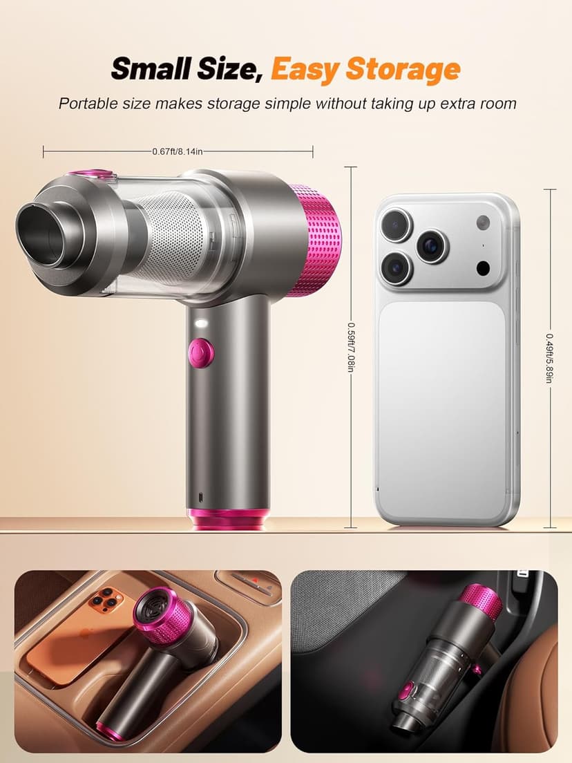 DRFLASH 6-in-1 Handheld Cordless Car Vacuum Cleaner, 16000PA Portable Mini Vacuum Cleaners with LED Light & Fast Type-C Charging, Multi-Nozzles for Home, Outdoor,Pets, Office Use