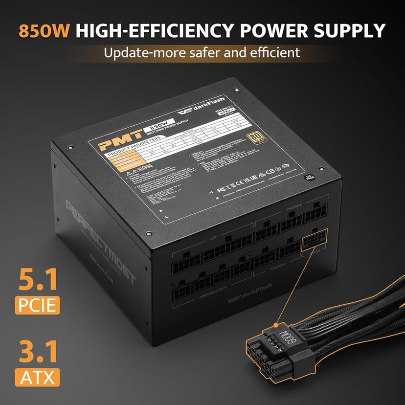 darkFlash PMT850 Fully Modular Power Supply ATX 3.1& PCIe 5.1 Ready, 2 x 12VHPWR Cable Included, 100% Japanese 105°C Capacitors, 80 Plus Gold Gaming PSU, Compact 150mm Size, 5 Year Warranty(Black)