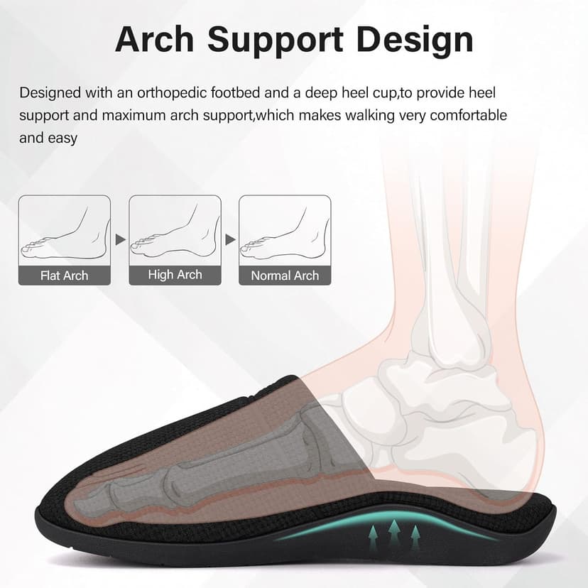 ERGOfoot Orthopedic Slippers for Women, Slip-On Style Summer Slipper with Arch Support, Cozy Comfy Scuff House Shoes for indoor and outdoor with Non-Slip Rubber Sole/Black W9