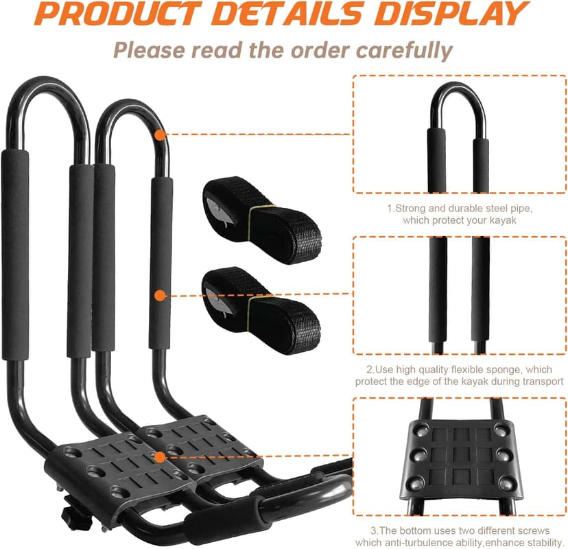 Kayak Roof Rack, 2 Pair J-Bar Roof Rack with 4 Ropes. Heavy Duty Kayak Roof Carrier for Your Canoe SUV and Trucks
