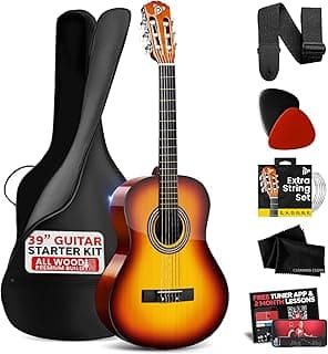 Pyle Beginner Acoustic Guitar Kit, 4/4 Full Size All Wood Instrument with Full Accessory Kit, Picks, Shoulder Strap, Carry Case, Cleaning Cloth, Tuner App, 2 Month Lessons, 39”