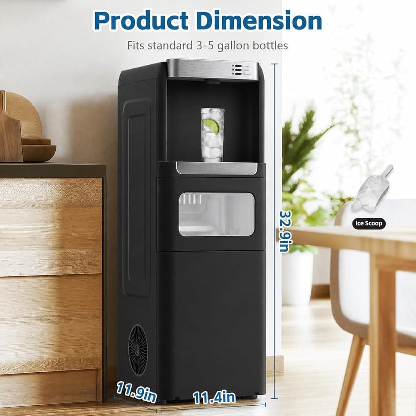 4 in 1 Water Cooler Dispenser with Ice Maker, Hot & Cold Water Dispenser for Home & Office, 33lbs/24H Bullet Ice, Top Loading 3-5 Gallon, Child Safety Lock, Ice Ready in 7 Mins (Black)
