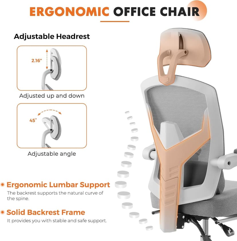 Sweetcrispy Office Computer Desk Chair with Footrest,Ergonomic High-Back Mesh Rolling Work Swivel Chairs with Wheels,Comfortable Lumbar Support,Comfy Arms for Home,Bedroom,Study,Student,Light Grey