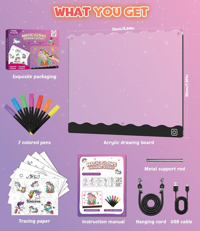 USB-C 10" Light Up Coloring Pad, 7 Color Doodle Glow Tablet, 7 Pens, 10 Tracing Sheets, Unicorn Birthday Gift Age 4 5 6 7 8 9 LED Drawing Board for Girls, Arts Gifts Kit and Crafts Toys for 3+ Year Old B0GDCX74KL