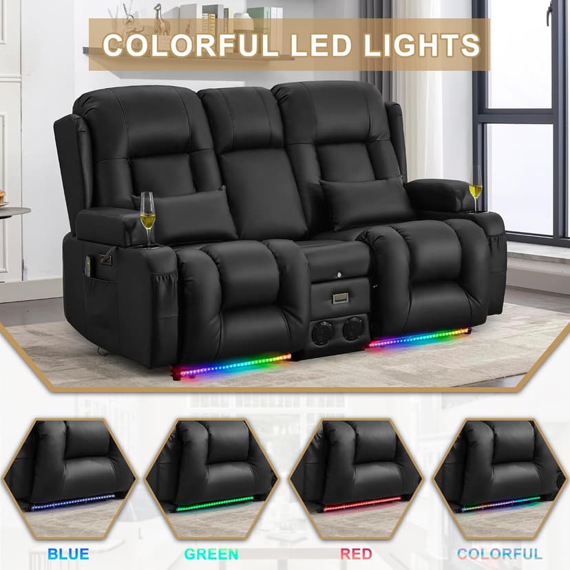 URRED Power Loveseat Recliner Sofa with Massage and Heat, Wall Hugger Reclining Loveseat with Console, RV Couch Home Theater Seating with LED Lights for Living Room (Black, 67" - 2 Seats)