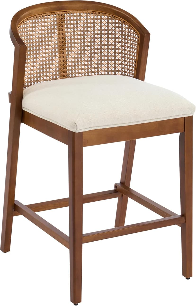Christopher Knight Home JENA Rattan Counter Stools Set of 2, Counter Height Bar Stools for Bar Table, Rubberwood Frame with Upholstered Barstools, Wood Accent Chair with Footrest, Beige + Walnut