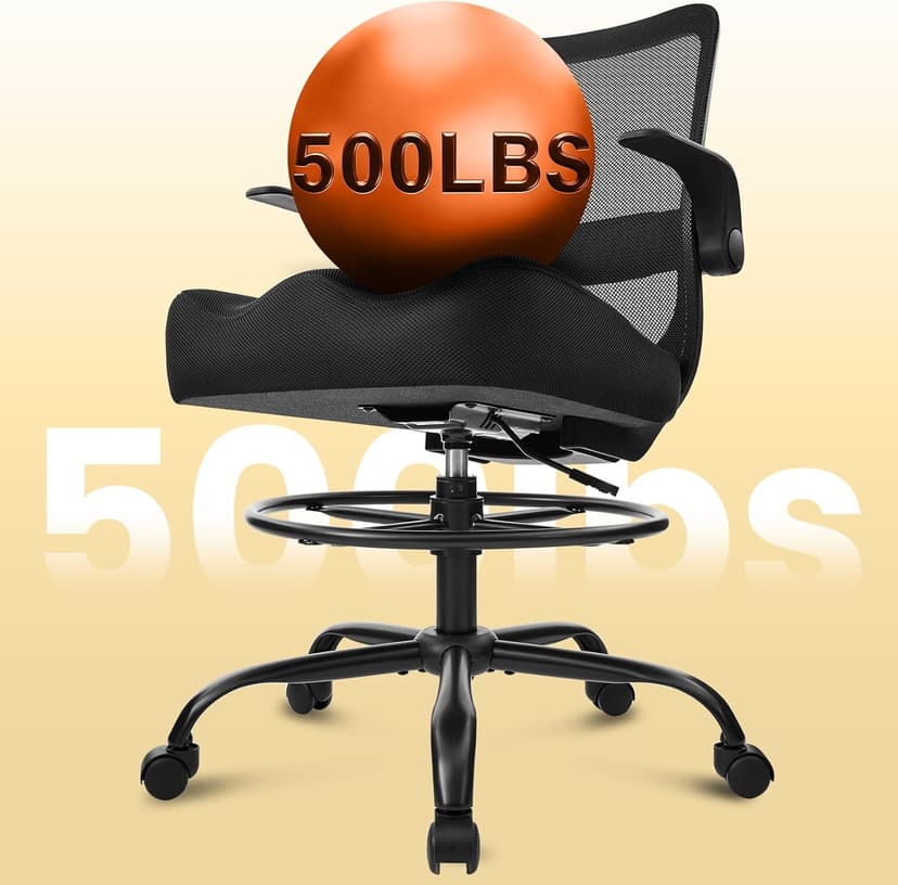 Drafting Chair for Standing Desks, 500LBS Capacity Tall Office Chair with Adjustable Height, Foot Ring, Flip-Up Armrests, Thick Curved Seat for Home Office, Drawing, and Creative Work