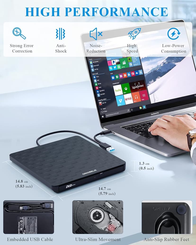 ORIGBELIE External CD DVD Drive for Laptop, USB 3.0 Type-C Ultra Slim 13mm DVD Player Portable CD DVD +/-RW Drive CD Burner Reader Writer Recorder for Desktop PC Windows 11/10/8/7 Linux Mac OS (Black)