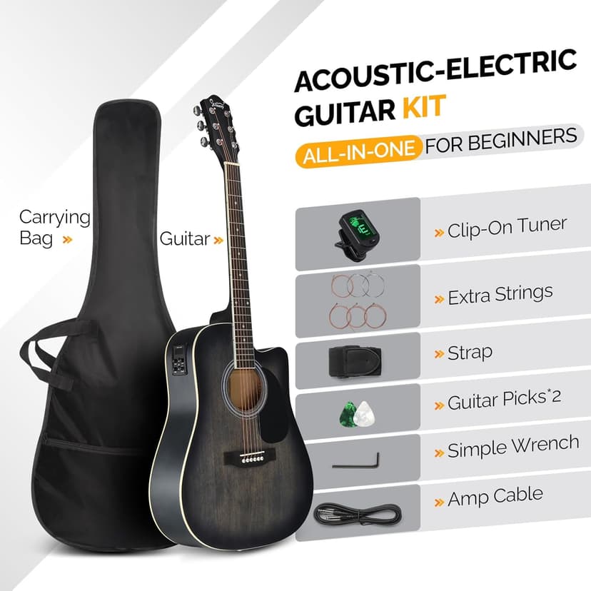 GLARRY Full Size 6 Strings Acoustic Electric Guitar Beginner Kit, Cutaway 41 Inch Electric Acoustic Guitar w/Inbuilt Tuner, Bag, Strap, Picks, Strings, Basswood Guitarra, Matte Distressed Black