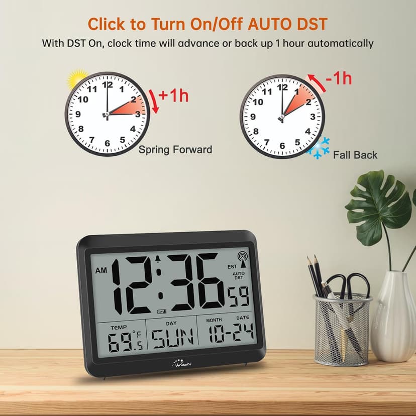 WallarGe Atomic Digital Wall Clock Battery Operated, Self-Setting, Large Display with Temperature, Date, Day of The Week, Silent Wall Mount Digital Clock, 4 Time Zones, DST