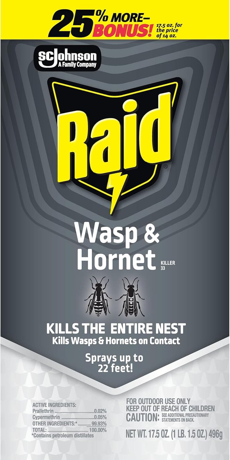 Raid Wasp & Hornet Killer Spray, Kills the Entire Nest, For Paper Wasps, Yellow Jackets, Mud Daubers, and more, 17.5 oz