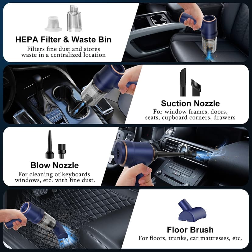KMM Handheld Car Vacuum Cleaner, 9000Pa Vacuum Cleaner and Air Duster, 120W High Power Hand Held Vacuum with LED Light and Multi-Nozzles for Car, Home, Office, Pet