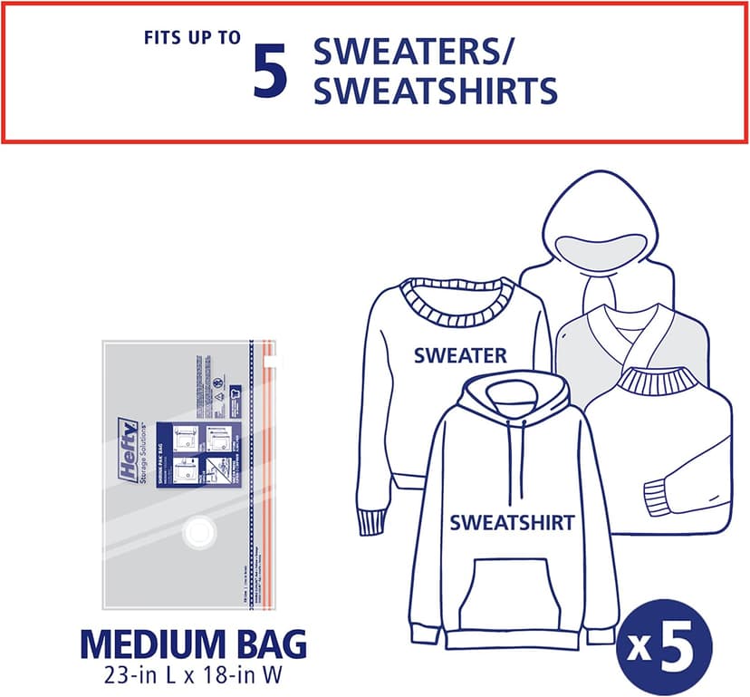 Hefty Shrink-Pak Vacuum Storage Bags - Space Saver for Under Bed Storage, Clothing and Comforters, 3X More Storage Space, 6 Medium Zipper Bags