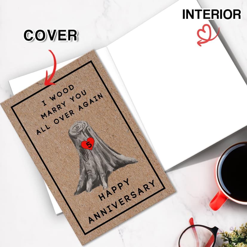 Happy 5th Anniversary Card for Women Men, 5th Wedding Anniversary Wood Card for Him Her,Fifth Anniversary Card for Boyfriend, 5 Years Married Gift for Husband