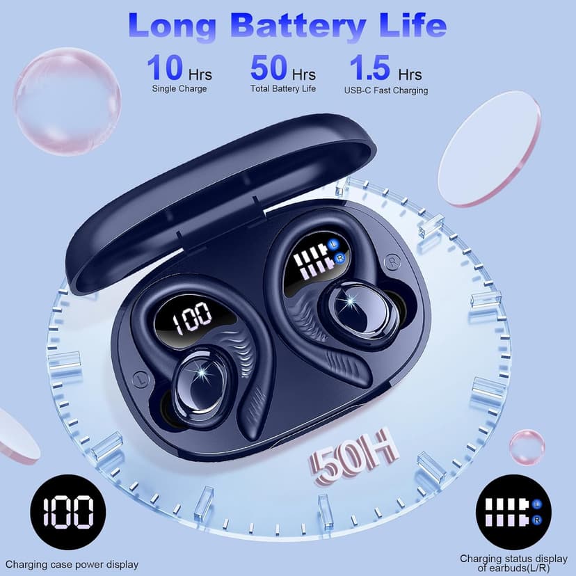 Hupoaf Wireless Earbuds Sport, New Bluetooth 5.4 Headphones with Earhooks, 50H Stereo Deep Bass Over Ear Buds with 4 ENC Noise Canceling Mics, IP7 Waterproof Earphones for Running Workout Gym -Blue