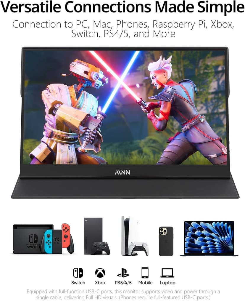 MNN Portable Monitor 15.6inch FHD 1080P USB C HDMI Gaming Ultra-Slim IPS Display w/Smart Cover & Speakers,HDR Plug&Play, External Monitor for Laptop PC Phone Mac (15.6'' 1080P)