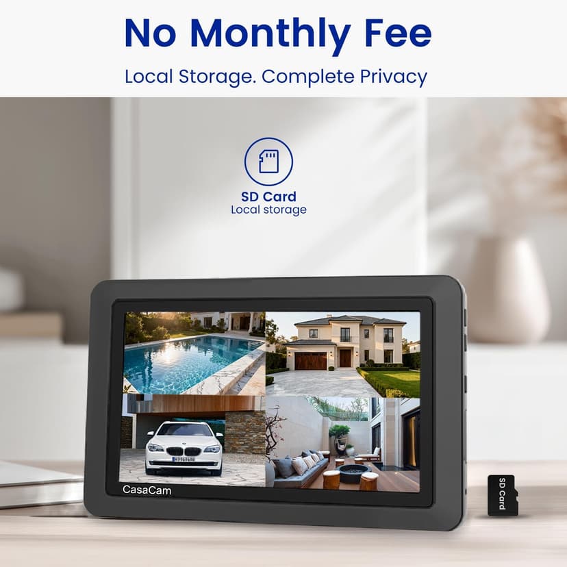 CasaCam Wireless Security Camera System | 7" Touchscreen Monitor and 2 720p Cameras | AC Powered, No Monthly Fees, Two-Way Audio, Free APP, Micro SD Card and Battery Installed, GuardianCam Air VS802
