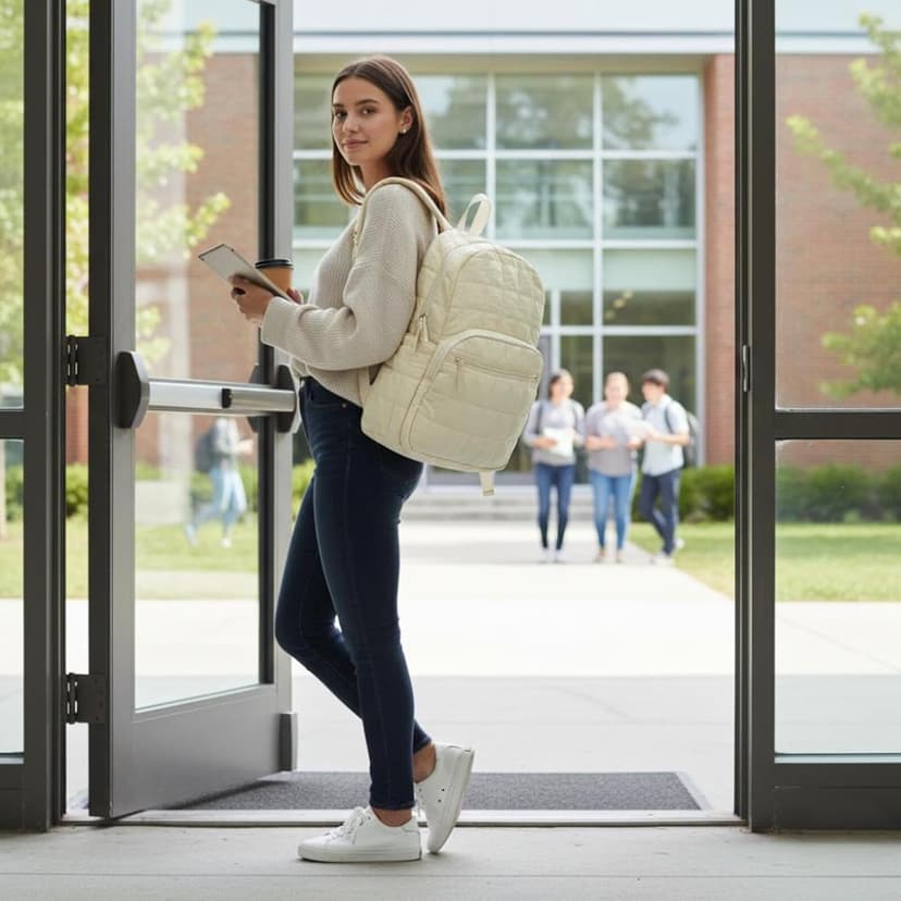 KAILUOLAI Quilted Backpack, Water-Resistant Nylon Bookbag for 15.6 Inch Laptop, College Bookbag Travel Backpack for Men Women (Off-white)