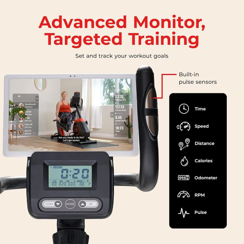 Sunny Health & Fitness Smart Heavy-Duty Recumbent Bike w/Wide Cushioned Seat & Back, Indoor Cycling Machine for Adult/Seniors Home Exercise, Free SunnyFit App Connect, Optional Workout Training Bands