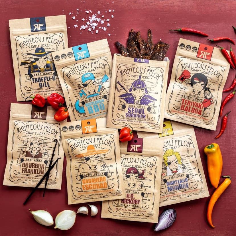 Righteous Felon Beef Jerky Variety Pack | Gluten Free Beef Jerky Snack Packs for Adults | High Protein, Keto-Friendly, Low Sugar | Made with Premium Meats | Gifts for Men | Sampler 8 Pack