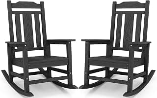 SERWALL Black Outdoor Rocking Chair Set of 2, All Weather Patio Rocking Chair, HDPE Poly Rocking Chair for Adults, Heavy Duty Front Porch Rocker