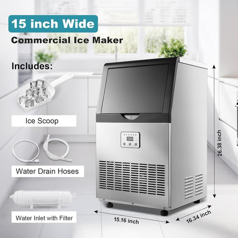 Amzgachfktch Commercial Ice Maker, 100lbs/24H Ice Maker Machine, Auto Self-Cleaning, LED Digital Display, Blue Light, Under Counter/Freestanding Ice Machine for Home/Office/Restaurant/Bar