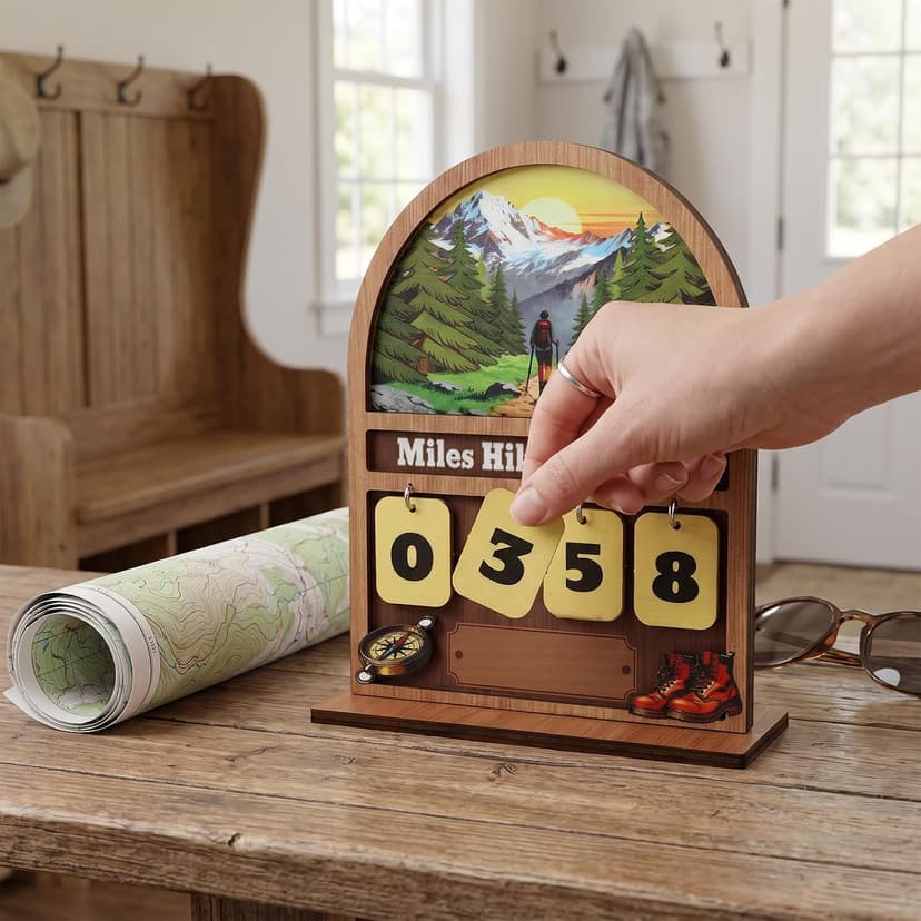 Wooden Mile Hike This Year Counter Rustic Cabin Decor Hiking Gifts for Women Men Hiking Accessories for Walking Enthusiasts Miles Hiked This Year Hiking Tracker Sign B0H394LD43