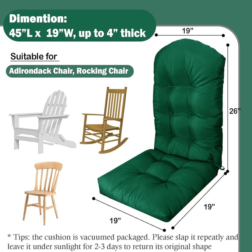 Adirondack Chair Cushions Set of 2, Waterproof Outdoor Seat Cushions for Patio Furniture, Thick Outdoor High Back Replacement Pads for Porch Lawn Wicker Chair, Rocking Chair Cushion, Emerald Green