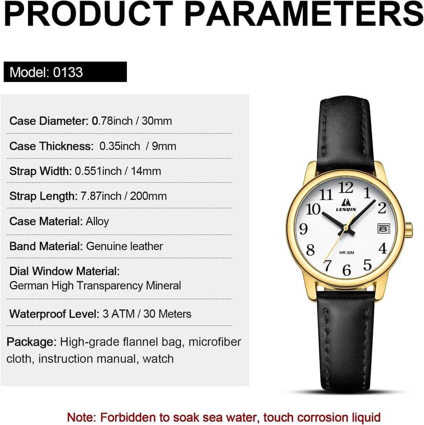 LN LENQIN Womens Watch Analog Quartz Waterproof Ladies Watches for Women Easy Read Women's Wrist Watches with Leather Strap Luminous Dial