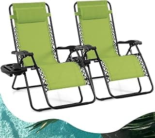 Goplus Zero Gravity Lounge Chairs, 160°Adjustable Folding Recliner w/Pillow and Cup Holder, 350LBS Comfy Outdoor Lounge Chairs for Patio, Lawn, Yard & Camp(Set of 2, Green)