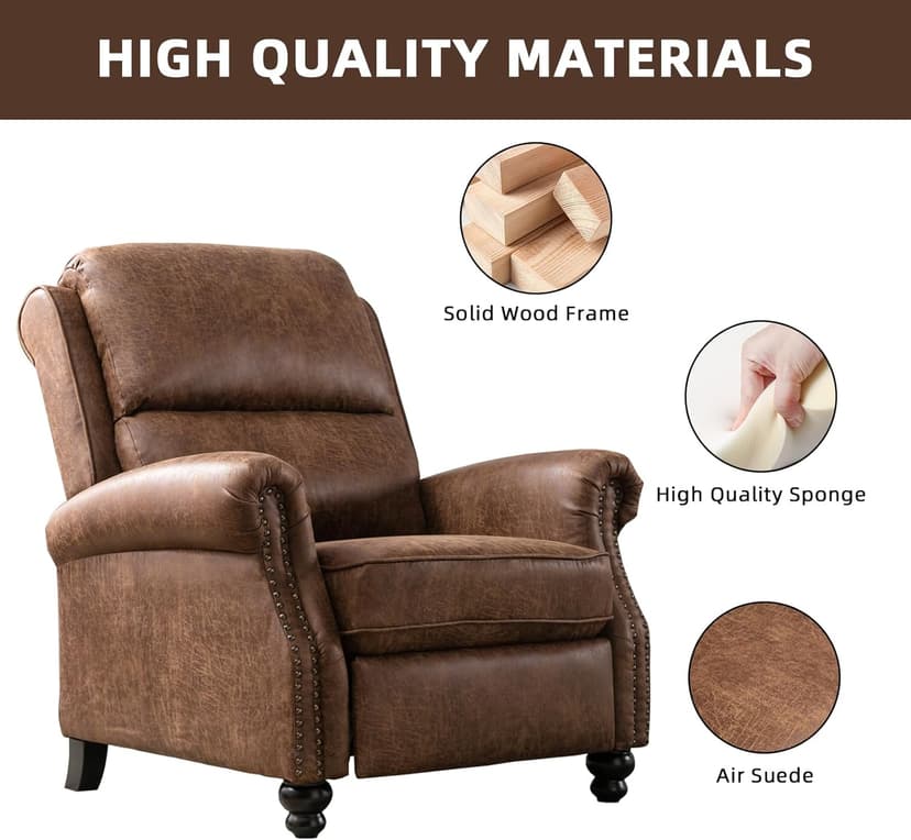 IOMOR Push Back Recliner Chair Faux Leather Lounge Armchair with Rivet Decoration Wingback Single Sofa Chair with Padded Seat Solid Wood Legs for Living Room, Chocolate