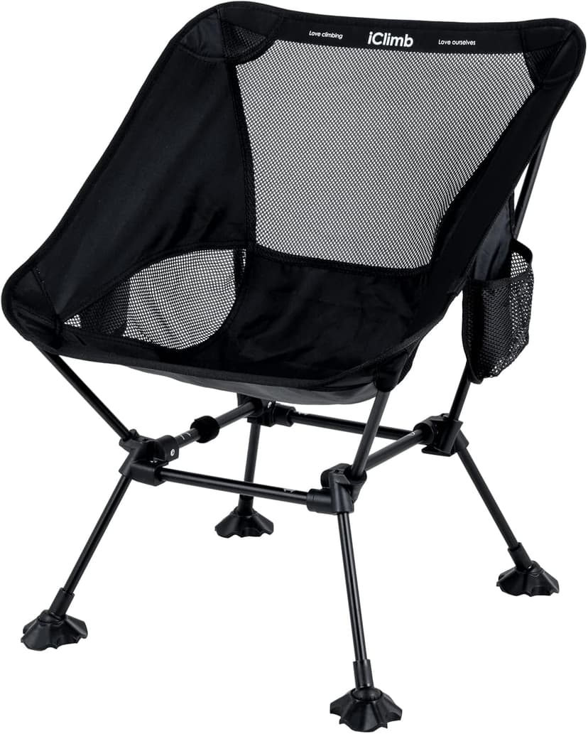 iClimb Ultralight Compact Camping Folding Beach Chair with Anti-Sinking Large Feet and Back Support Webbing (Black - Square Frame)