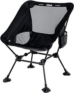iClimb Ultralight Compact Camping Folding Beach Chair with Anti-Sinking Large Feet and Back Support Webbing (Black - Square Frame)