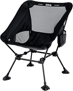 iClimb Ultralight Compact Camping Folding Beach Chair with Anti-Sinking Large Feet and Back Support Webbing (Black - Square Frame)