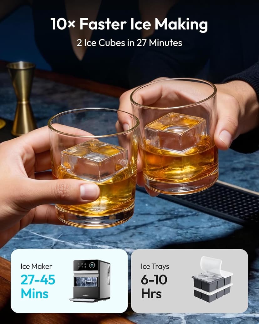 EUHOMY 2'' Clear Ice Cube Maker Countertop with APP, 2 Square Ice Ready in 27 Mins for Whiskey, Slow-Melting & Self-Cleaning, 110 Pcs/Day, 24H Timer, Clear Ice Maker with Ice Tong for Home/Bar/Party