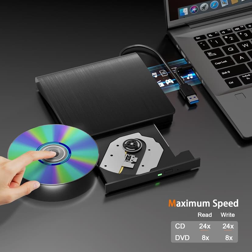 juwuoi External CD/DVD Drive for Laptop PC CD DVD Player USB 3.0 Portable Optical Drive CD Burner Compatible with Windows 10 11 Linux Mac OS (Black)