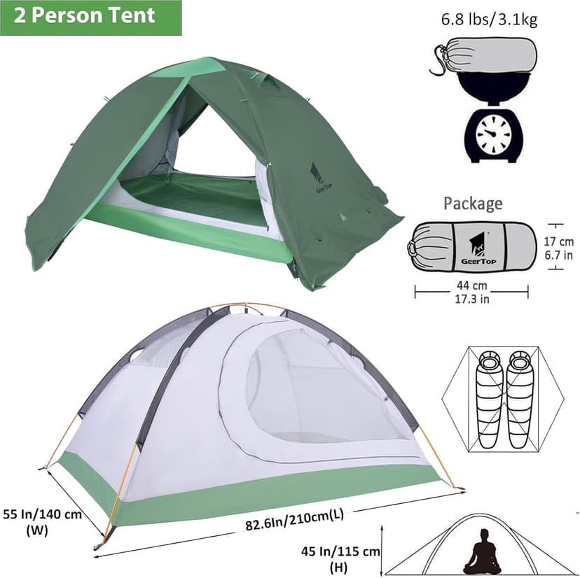 GEERTOP Ultralight 2 Person Backpacking Tent 4 Season Waterproof Camping Tent Double Layer Cold Weather Easy Set Up Tents for Family Camp, Hiking, Hunting Outdoor Mountaineering Travel